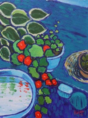 Nasturtiums & Hosta Bird Bath