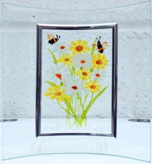 Painted Bees and Flowers on Curved Glass