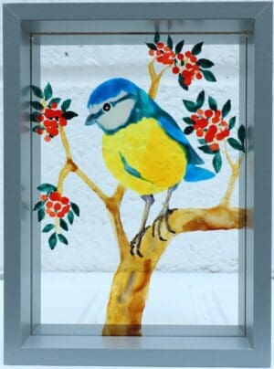 Painted Perched Blue Tit on Glass